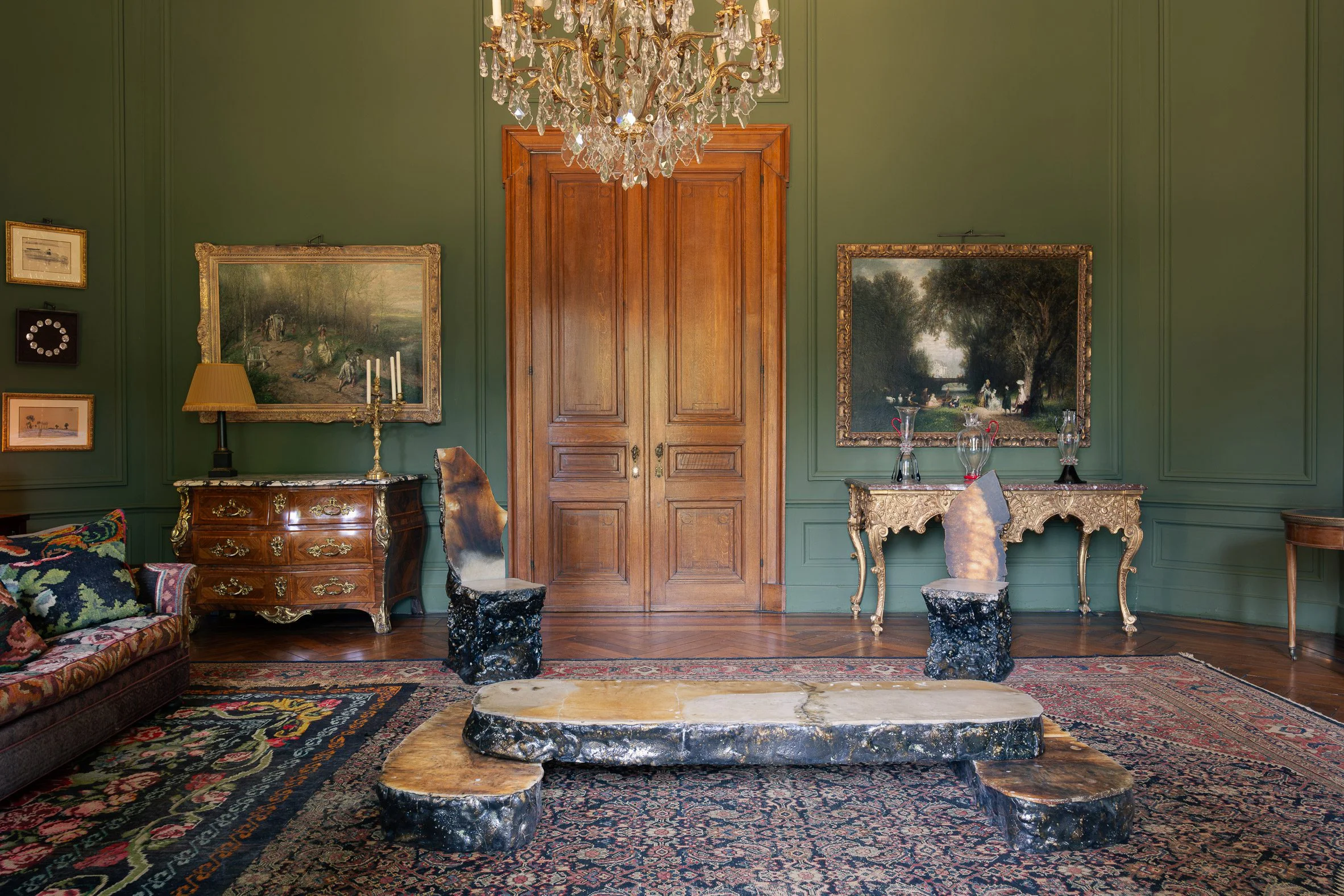 Nicolas Zanoni furniture in drawing room for God Speed exhibition by Uppercut at Chateau de Spycker