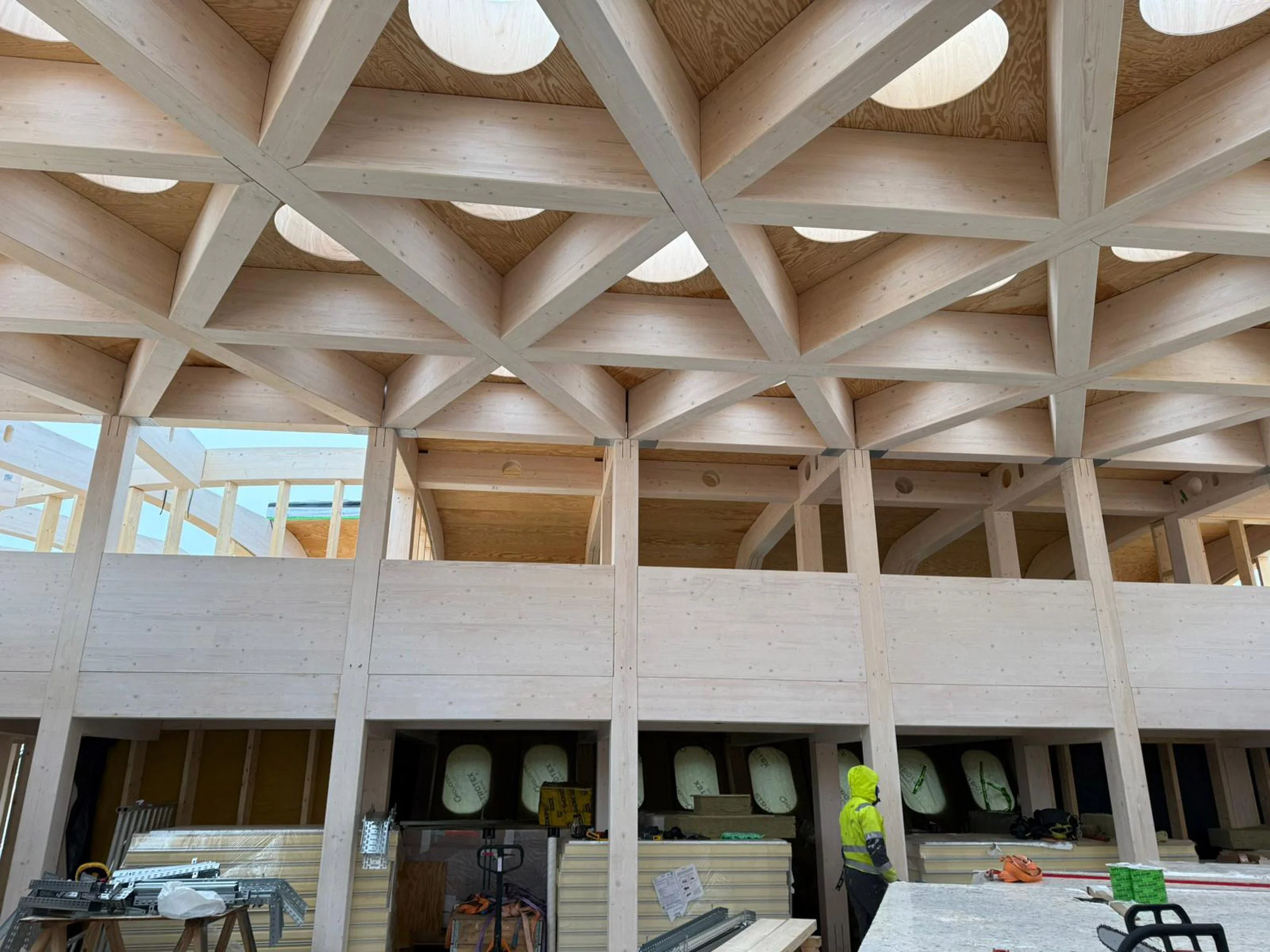 Mass-timber interior of an Antarctic research base